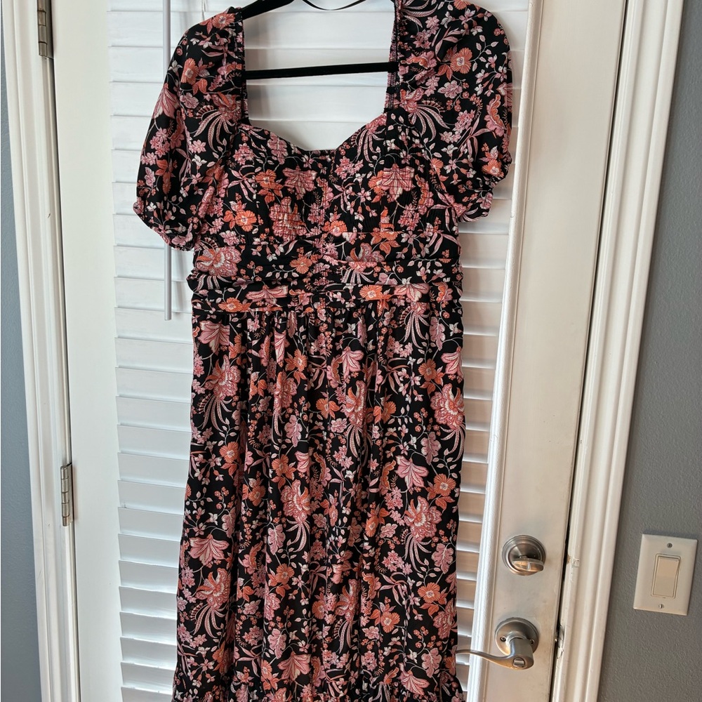 Maurices Pink and White Smocked Sundress with Puff Sleeves and leg slit